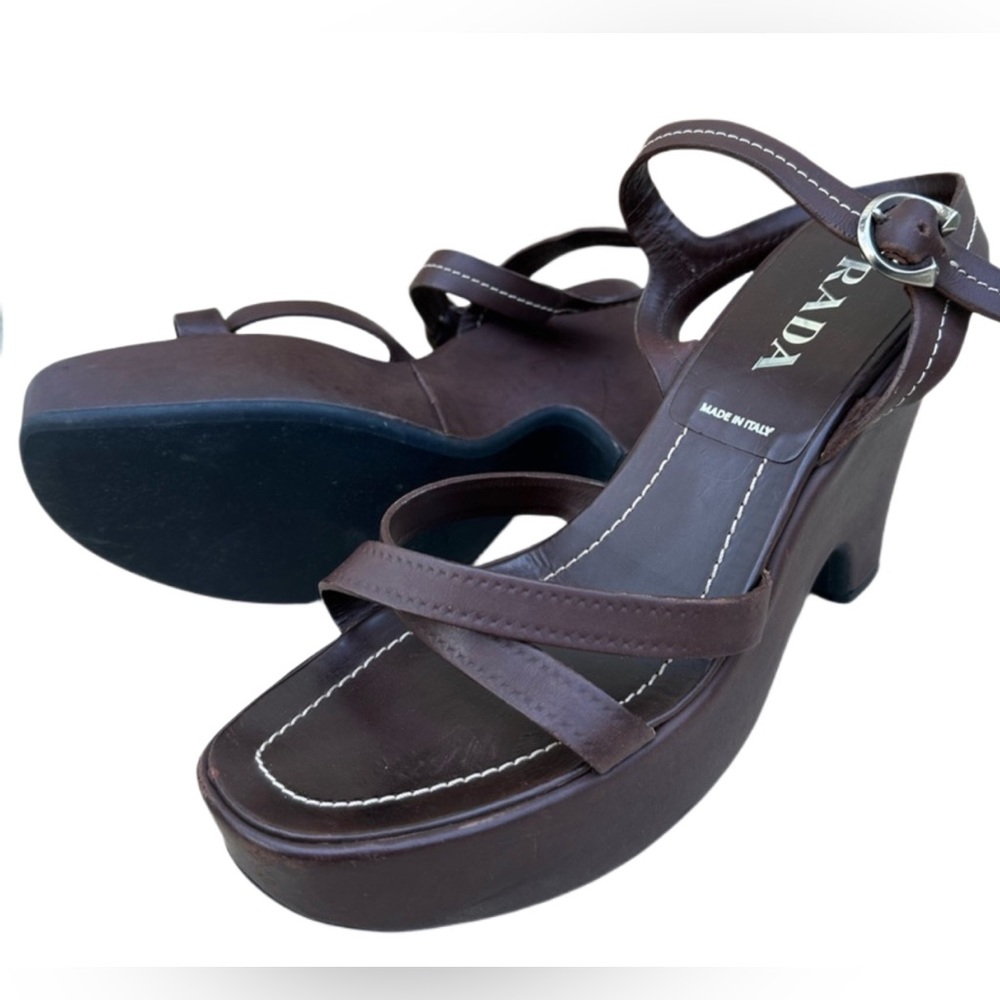 Pre❤️Prada Calfskin Wedge Sandals Dark brown Leather ankle strap buckle Size 40